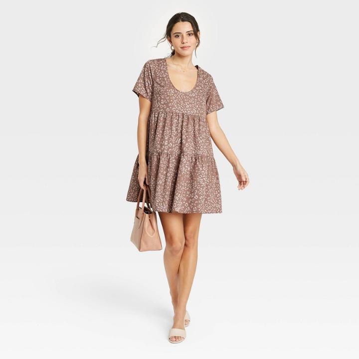 Women's Leopard Print Short Sleeve Tiered Dress - A New Day Brown
