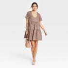 Women's Leopard Print Short Sleeve Tiered Dress - A New Day Brown