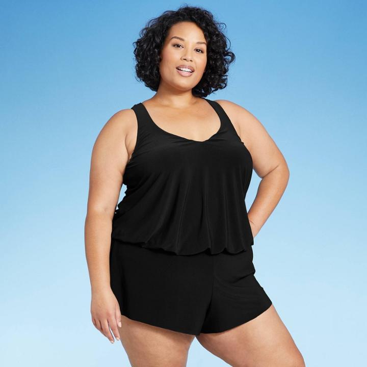 Women's Plus Size Plunge Halter Swim Romper - Aqua Green Black