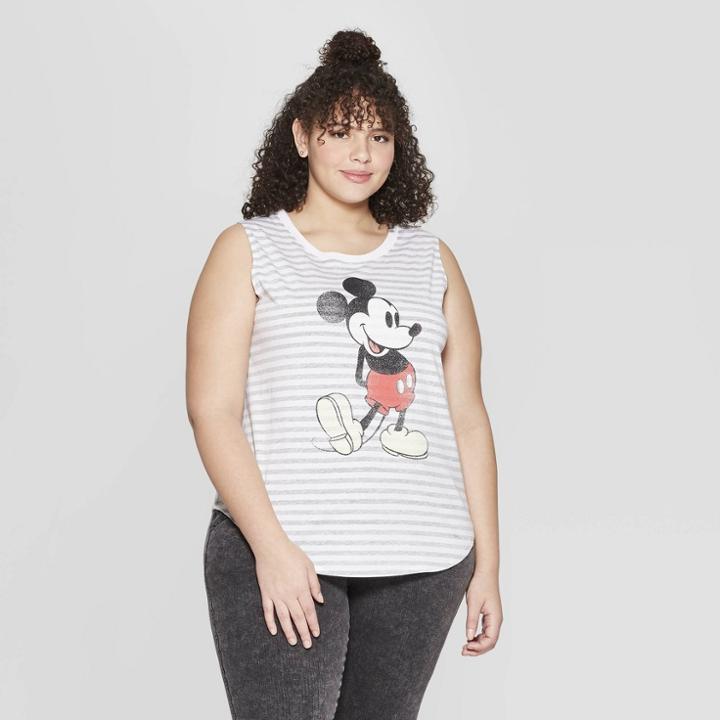 Women's Disney Mickey Plus Size Striped Tank Top (juniors') - Gray/white