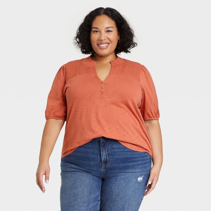 Women's Plus Size Smocked 3/4 Sleeve Henley Shirt - Knox Rose Light Orange