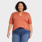 Women's Plus Size Smocked 3/4 Sleeve Henley Shirt - Knox Rose Light Orange