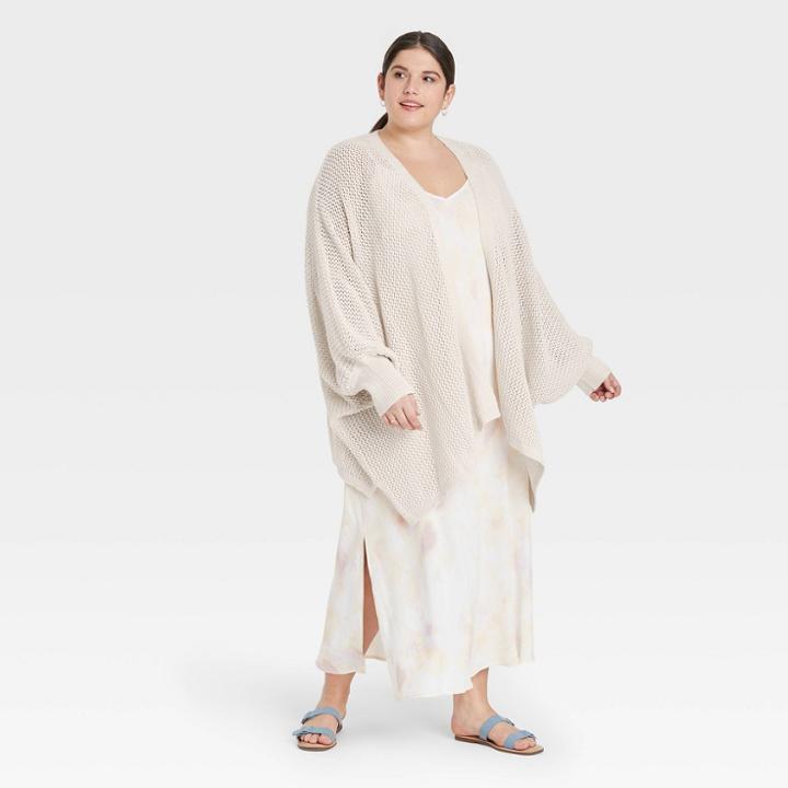 Women's Plus Size Knit Ruana Kimono Jacket - A New Day Tan