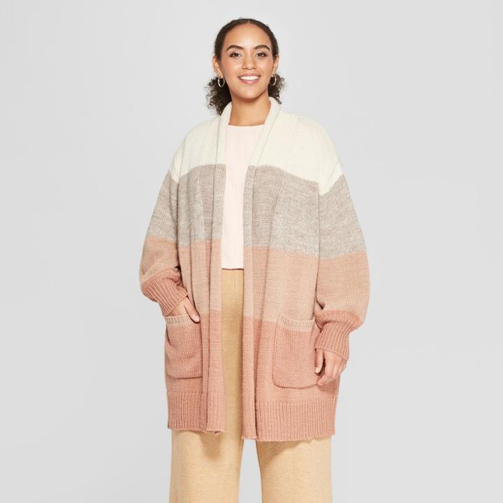Women's Plus Size Striped Long Sleeve Cardigan - Who What Wear Pink/white