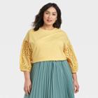 Women's Plus Size Long Sleeve Round Neck Eyelet Top - A New Day Yellow