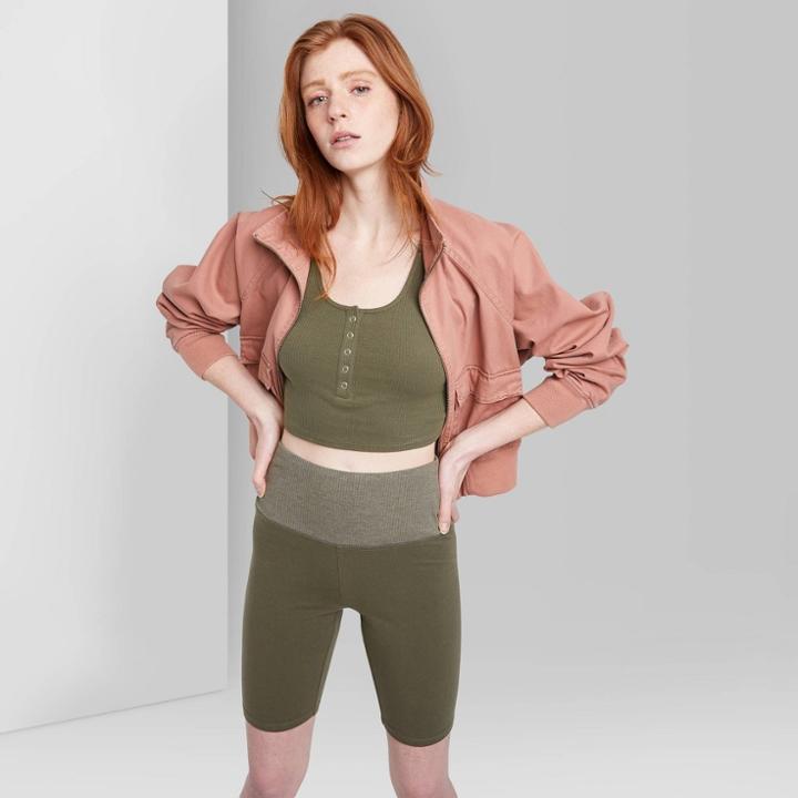 Women's High-rise Ribbed Waistband Bike Shorts - Wild Fable Olive Green