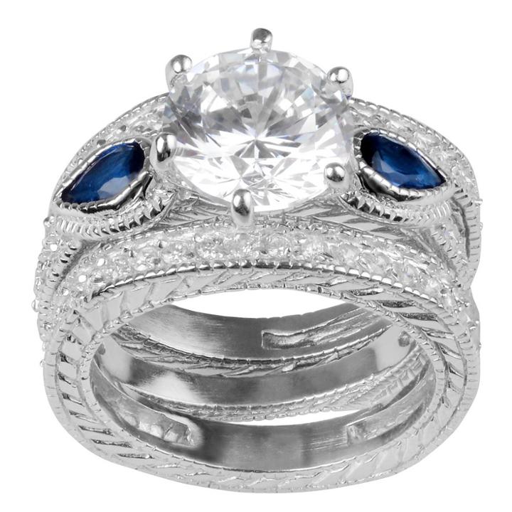 Journee Collection 10 1/5 Ct. T.w. Round-cut Cz Pave Set Glass Stone Wedding Ring Set In Sterling Silver - Blue,