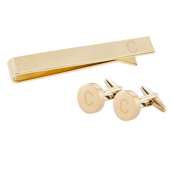 Cathy's Concepts C Personalized Round Cuff Link And Tie Clip Set Gold,