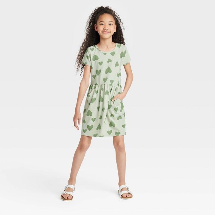 Girls' Printed Short Sleeve Knit Dress - Cat & Jack Army Green