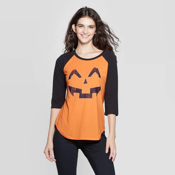 Zoe+liv Women's Jack O'lantern Raglan Long Sleeve Graphic T-shirt (juniors') - Orange/black