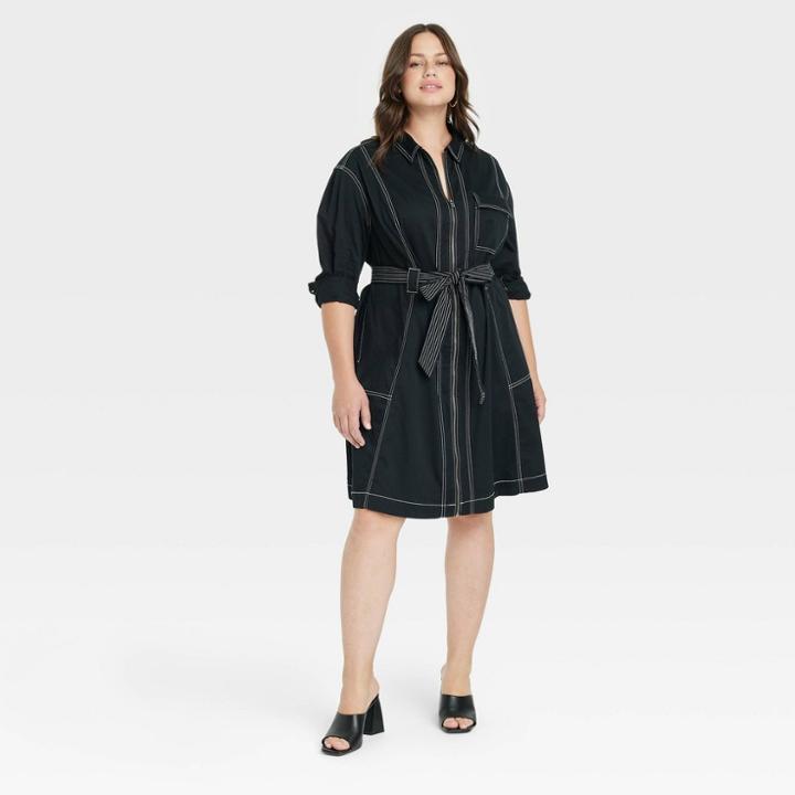 Women's Plus Size Long Sleeve Twill Dress - Ava & Viv Black X