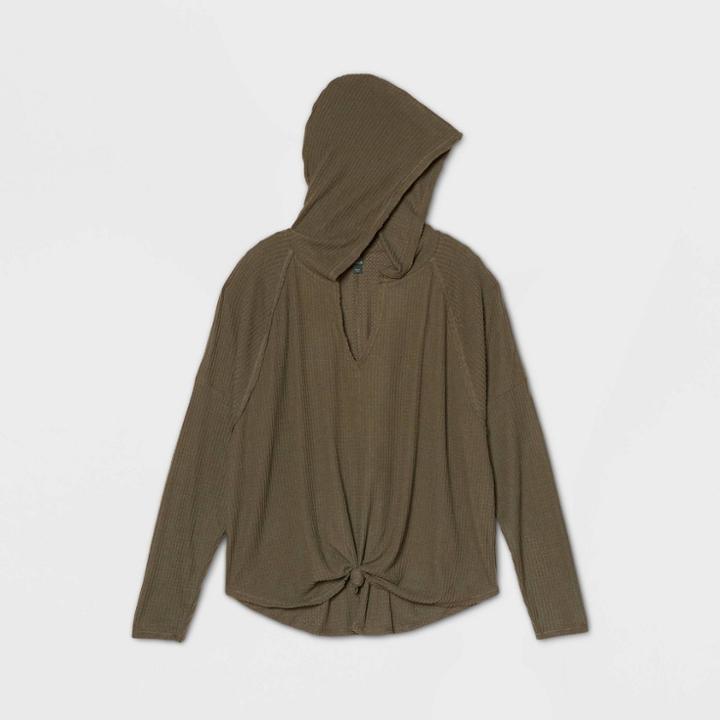 Women's Long Sleeve Hooded Tie Front Waffle T-shirt - Wild Fable Olive Green Xs, Green Green