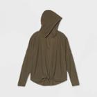 Women's Long Sleeve Hooded Tie Front Waffle T-shirt - Wild Fable Olive Green Xs, Green Green