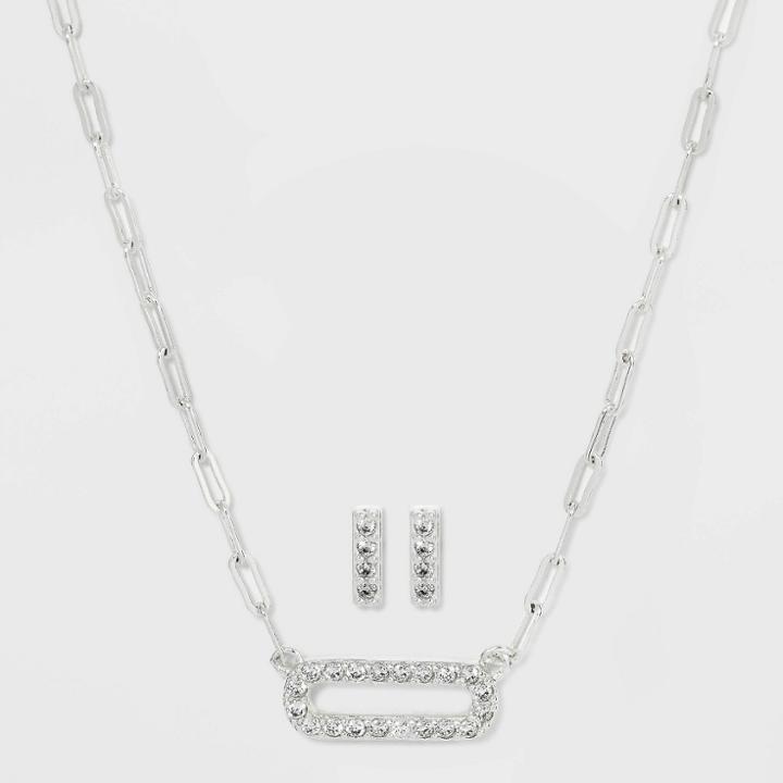 Silver Plated Cubic Zirconia Stud Earring With Station Necklace - A New Day
