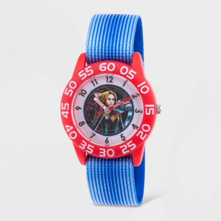 Kids' Marvel Captain Marvel Plastic Time Teacher Stretchy Strap Watch - Blue