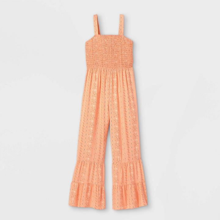 Girls' Smocked Bodice Tiered Sleeveless Jumpsuit - Art Class Orange