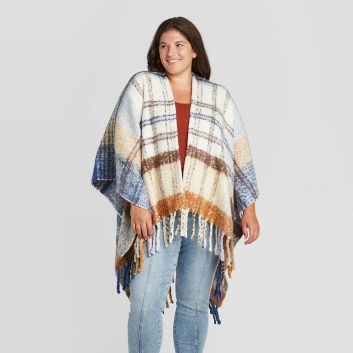 Women's Plus Plaid Ruana Kimono Jacket - Universal Thread Cream One Size, Ivory