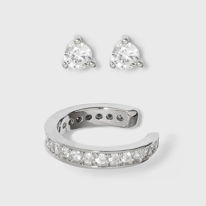 Sterling Silver Round Cubic Zirconia Stud And Ear Cuff Set - A New Day
