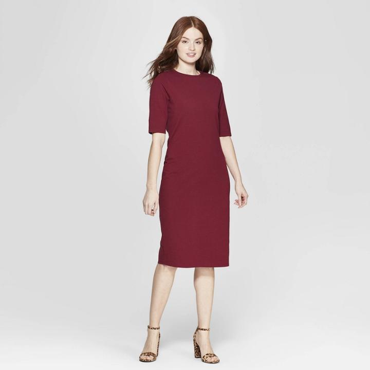 Women's 3/4 Sleeve Crew Neck Knit Dress - A New Day Burgundy (red)