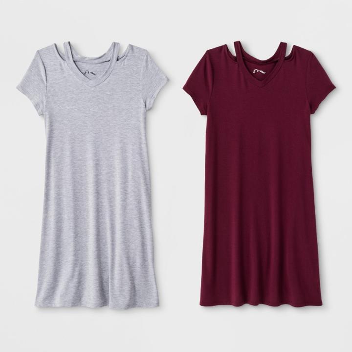 Girls' 2pk Short Sleeve Cold Clavicle A Line Dress - Art Class Maroon/gray