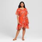 Women's Plus Size Floral Print Short Sleeve Ruffle Wrap Dress - A New Day Red X