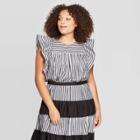 Women's Plus Size Striped Short Ruffle Sleeve Crewneck Baby Doll Top - Who What Wear Black