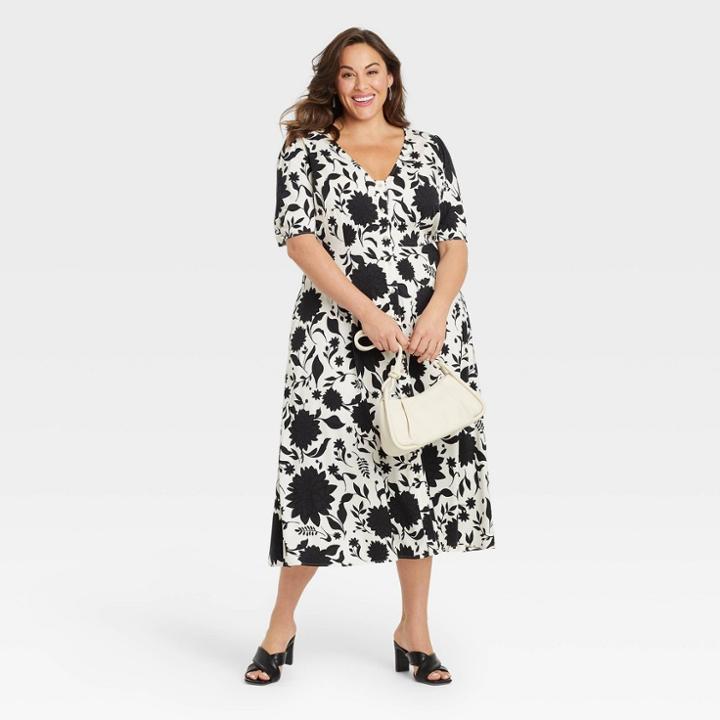 Women's Plus Size Short Sleeve Button-front Dress - Ava & Viv Black Floral X