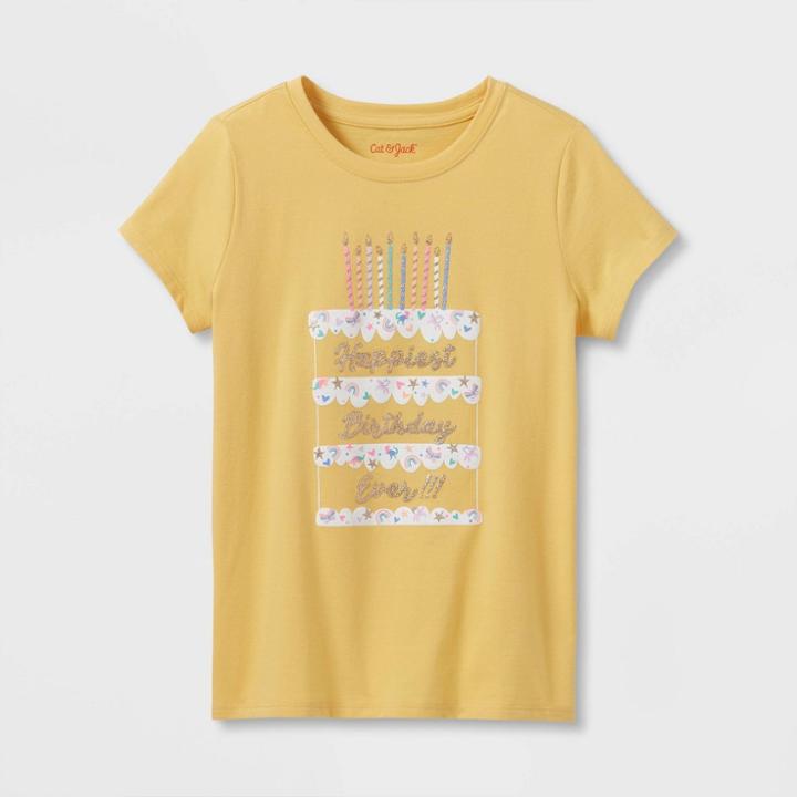 Girls' 'happy Birthday' Short Sleeve Graphic T-shirt - Cat & Jack Light Mustard Yellow