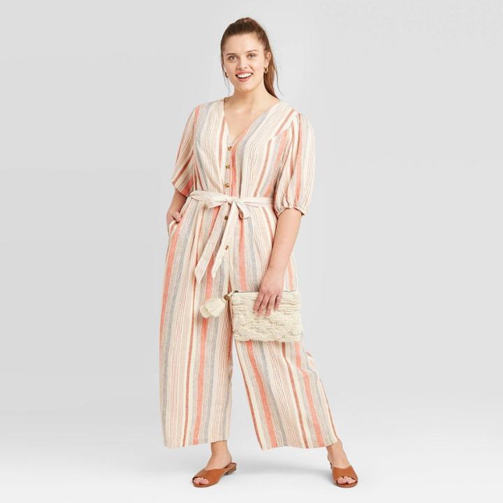 Women's Plus Size Striped Short Sleeve V-neck Jumpsuit - Universal Thread Pink 1x, Women's, Size: 1xl,
