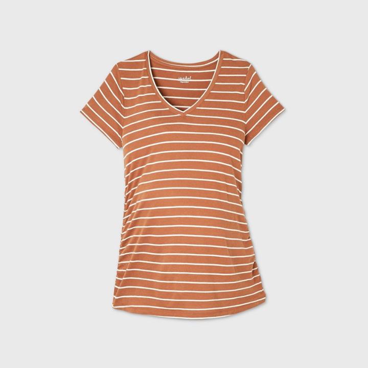 Maternity Striped Short Sleeve V-neck Side Shirred T-shirt - Isabel Maternity By Ingrid & Isabel Brown