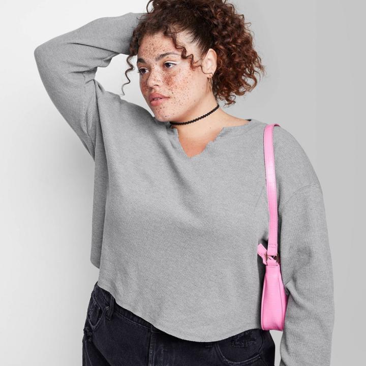 Women's Plus Size Long Sleeve V-neck Waffle Boxy T-shirt - Wild Fable Heather Gray