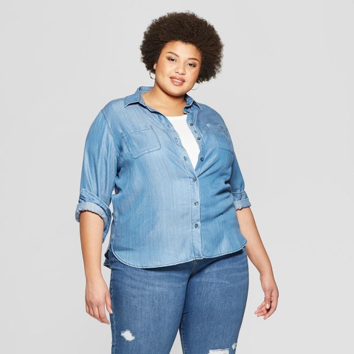Women's Plus Size Long Sleeve No Gap Button-down Adjustable Shirt - Ava & Viv Dark Blue