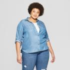 Women's Plus Size Long Sleeve No Gap Button-down Adjustable Shirt - Ava & Viv Dark Blue