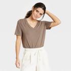 Women's Short Sleeve V-neck T-shirt - A New Day Light Brown