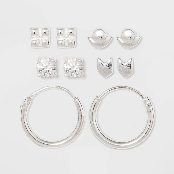 Sterling Silver With Cubic Zirconium Dainty Earring Set 5pc - A New Day Silver, Women's