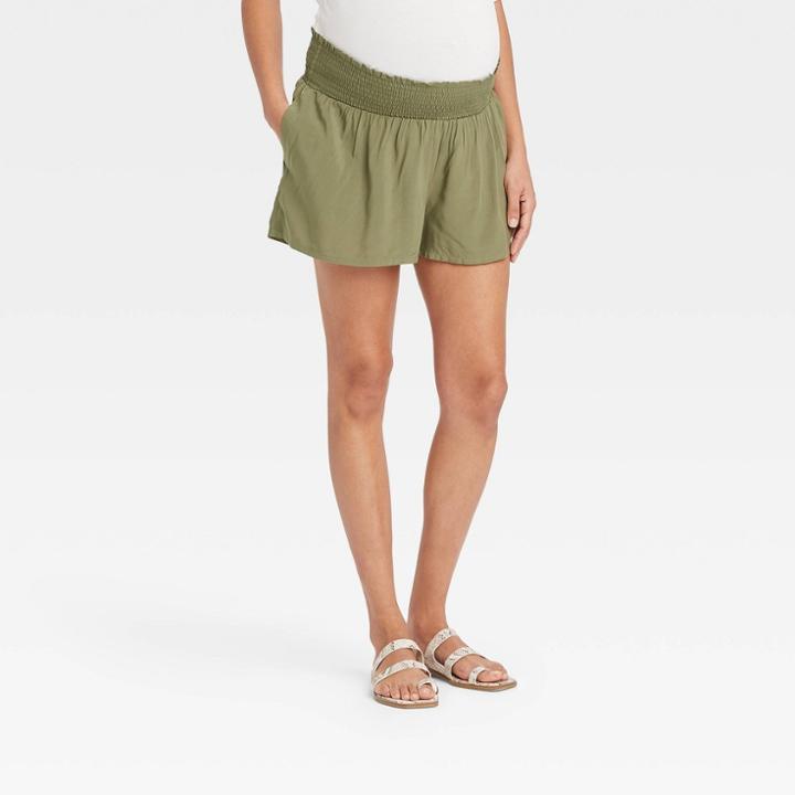 The Nines By Hatch Smocked Waistband Modal Maternity Shorts Olive Green