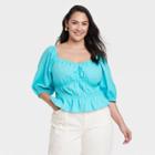 Women's Plus Size Puff Elbow Sleeve Linen Shirt - A New Day Blue
