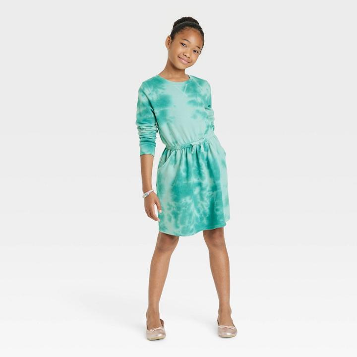 Girls' Long Sleeve French Terry Dress - Cat & Jack Ocean Green