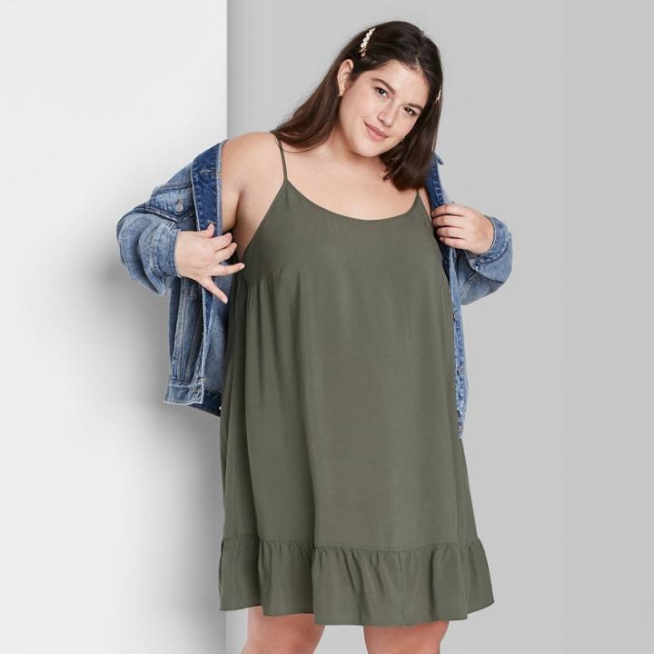 Women's Plus Size Ruffle Hem Woven Dress - Wild Fable Olive Green