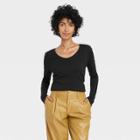Women's Long Sleeve Ribbed Scoop Neck T-shirt - A New Day Black