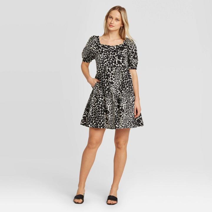 Women's Leopard Print Puff Short Sleeve Dress - Who What Wear Cream Xs, Women's, Beige Black