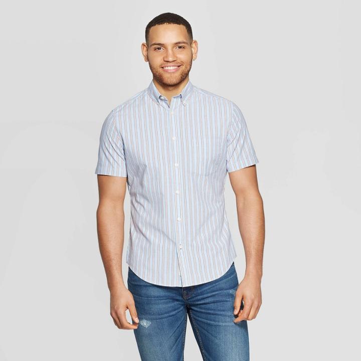 Men's Striped Slim Fit Short Sleeve Button-down Shirt - Goodfellow & Co Airy Blue