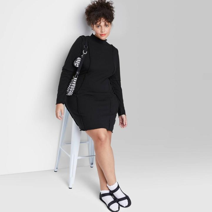 Women's Plus Size Long Sleeve Seamed Knit Bodycon Dress - Wild Fable Black