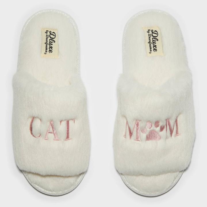 Women's Dluxe By Dearfoams Cat Mom Fur Slide Slippers - Ivory