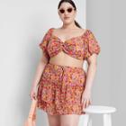 Women's Plus Size Puff Short Sleeve Sweetheart Neck Tiny Top - Wild Fable Pink Floral