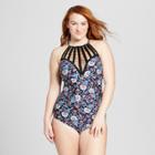 Costa Del Sol Women's Plus Size Floral Crochet High Neck One Piece - Black Floral