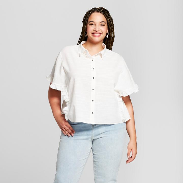Women's Plus Size Ruffle Sleeve Button-down Shirt - Universal Thread White X