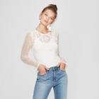 Women's Long Sleeve Mesh Top With Lace - Xhilaration Off White