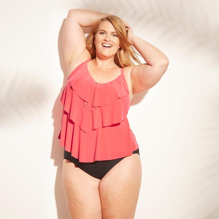 Women's Plus Size Tiered Tankini Top - Aqua Green Coral (pink)