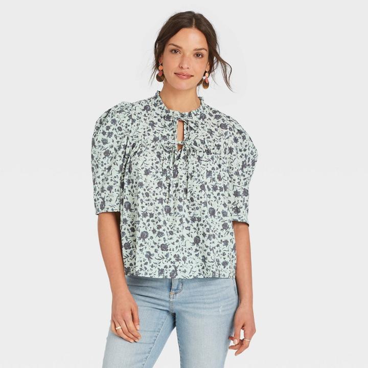 Women's Puff Short Sleeve Tie Neck Blouse - Universal Thread Mint Green Floral